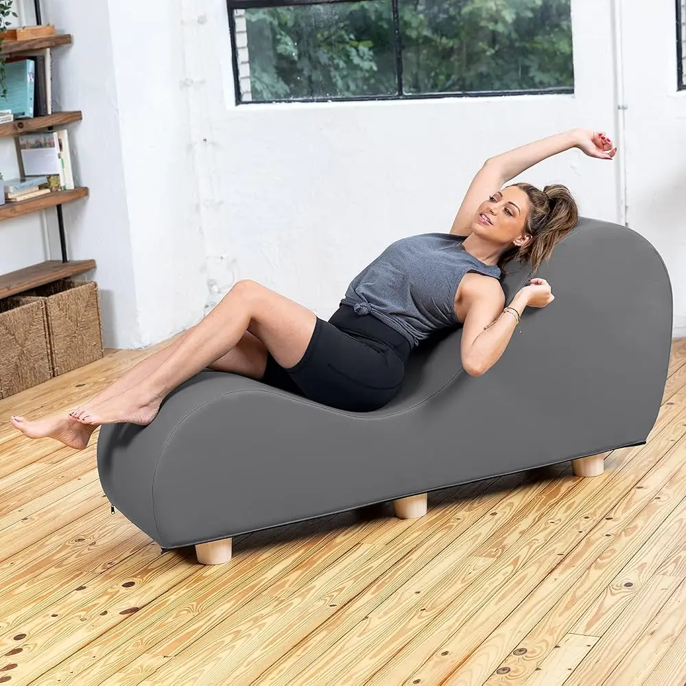 

Chaise Lounge Chair For Stretching And Relaxation, Hevea Wood Feet, Faux Leather - Charcoal