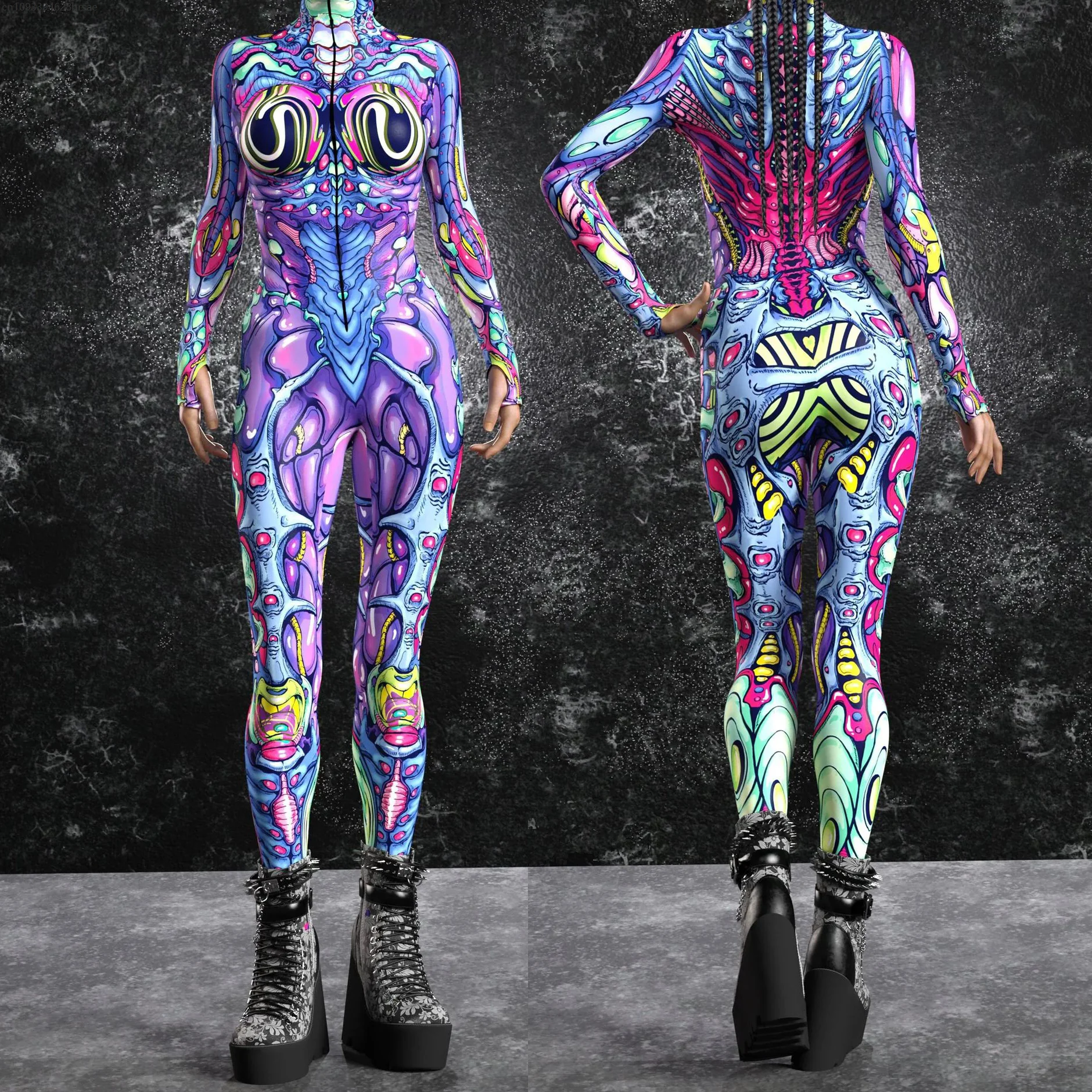 

Gothic Punk Muscle Skull Jumpsuit Holiday Party Cosplay Allen Costume New Year Xmas Shows Women Bodysuit Performance Zentai