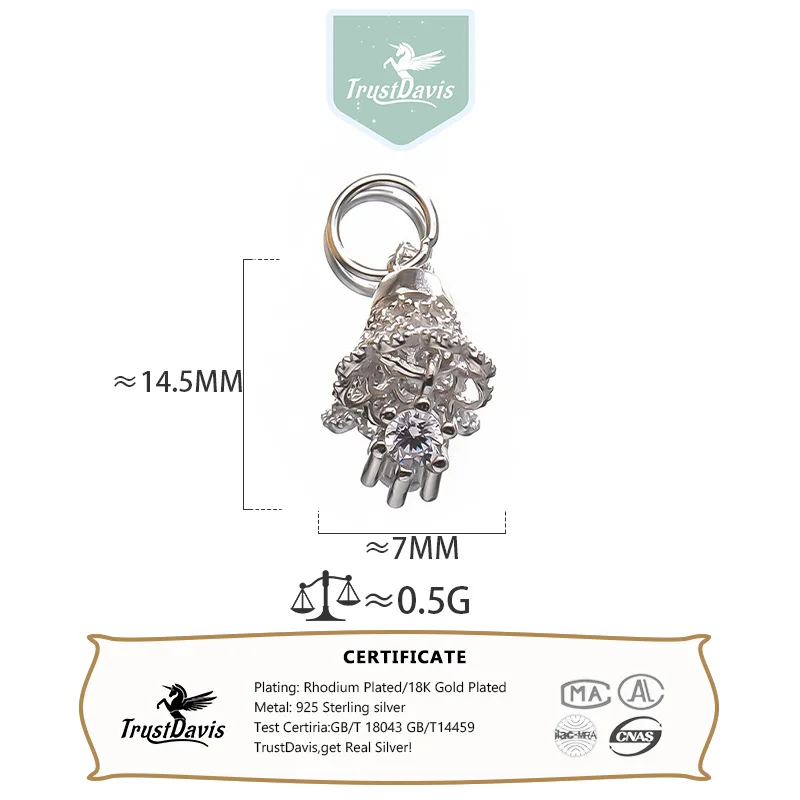 TrustDavis Real 925 Sterling Silver Zircon Small Bell Pendant Handmade DIY Necklace Bracelet Accessories Fine Jewelry DZ1801