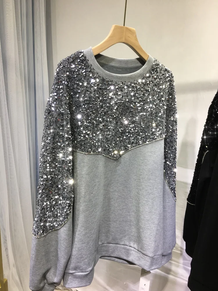 High Quality Colorblock Beading Sequins Grey Cotton Sweatshirts Round-neck Long Sleeve Hoodie Out Wearing Autumn Winter Clothes