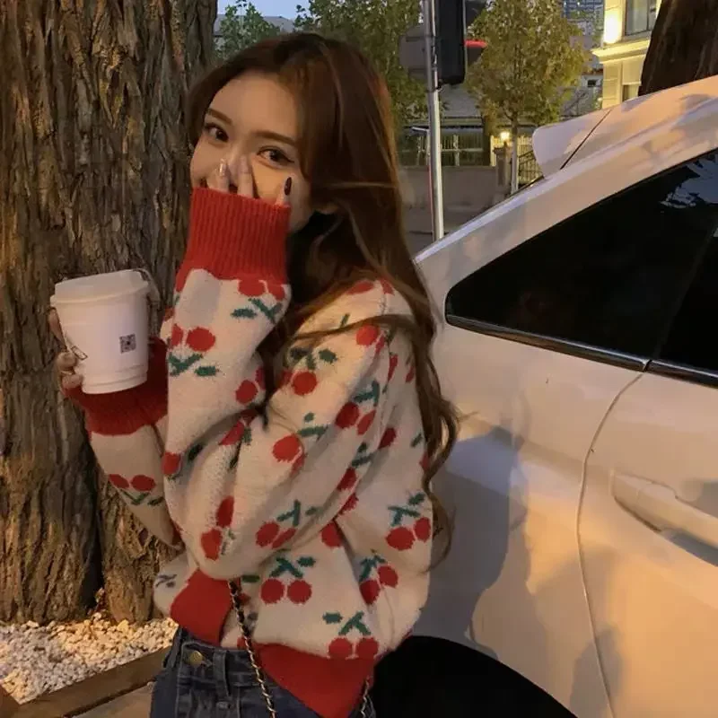 Women's Autumn and Winter Loose Cherry Small Fragrance Foreign Style Thickened Sweater College Style 2021 New Knitted Cardigan