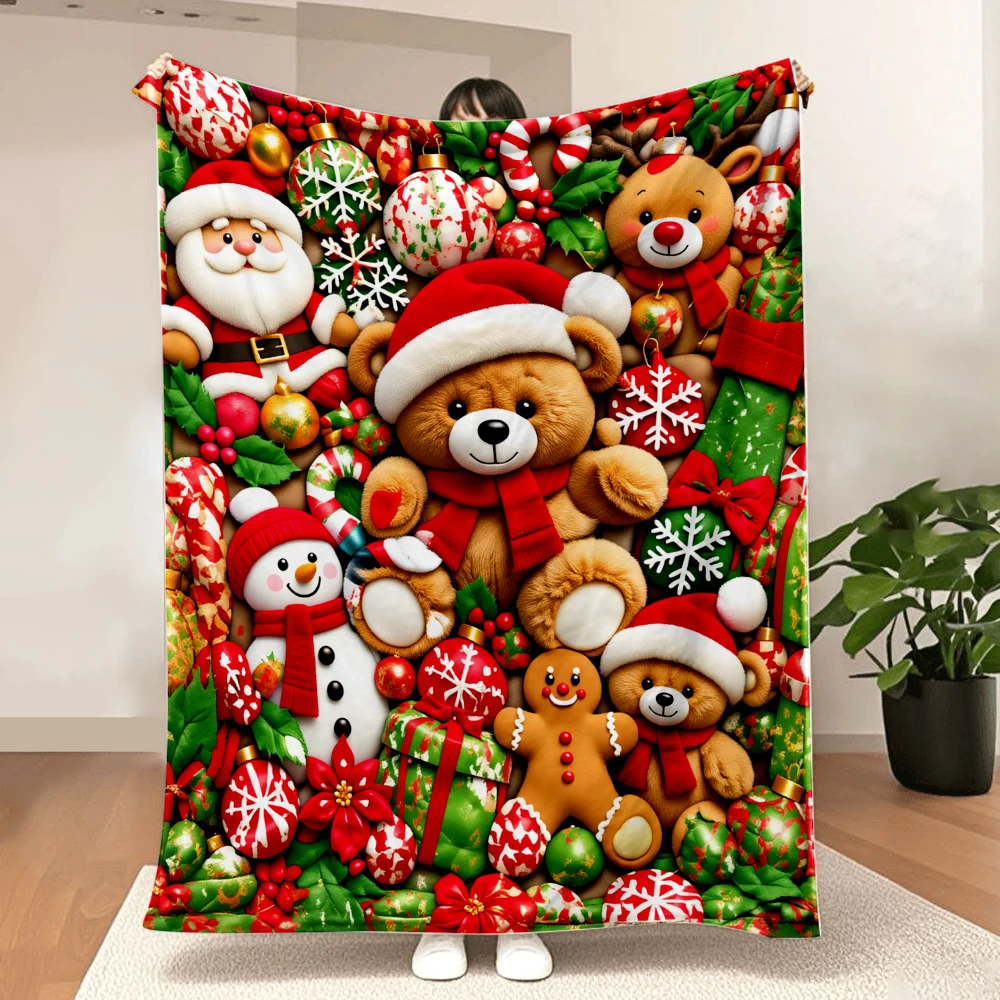 1PC Christmas Teddy Bear and Santa Print Blanket-Made of soft, fluffy flannel, perfect for the sofa or bed. Home decoration, hol
