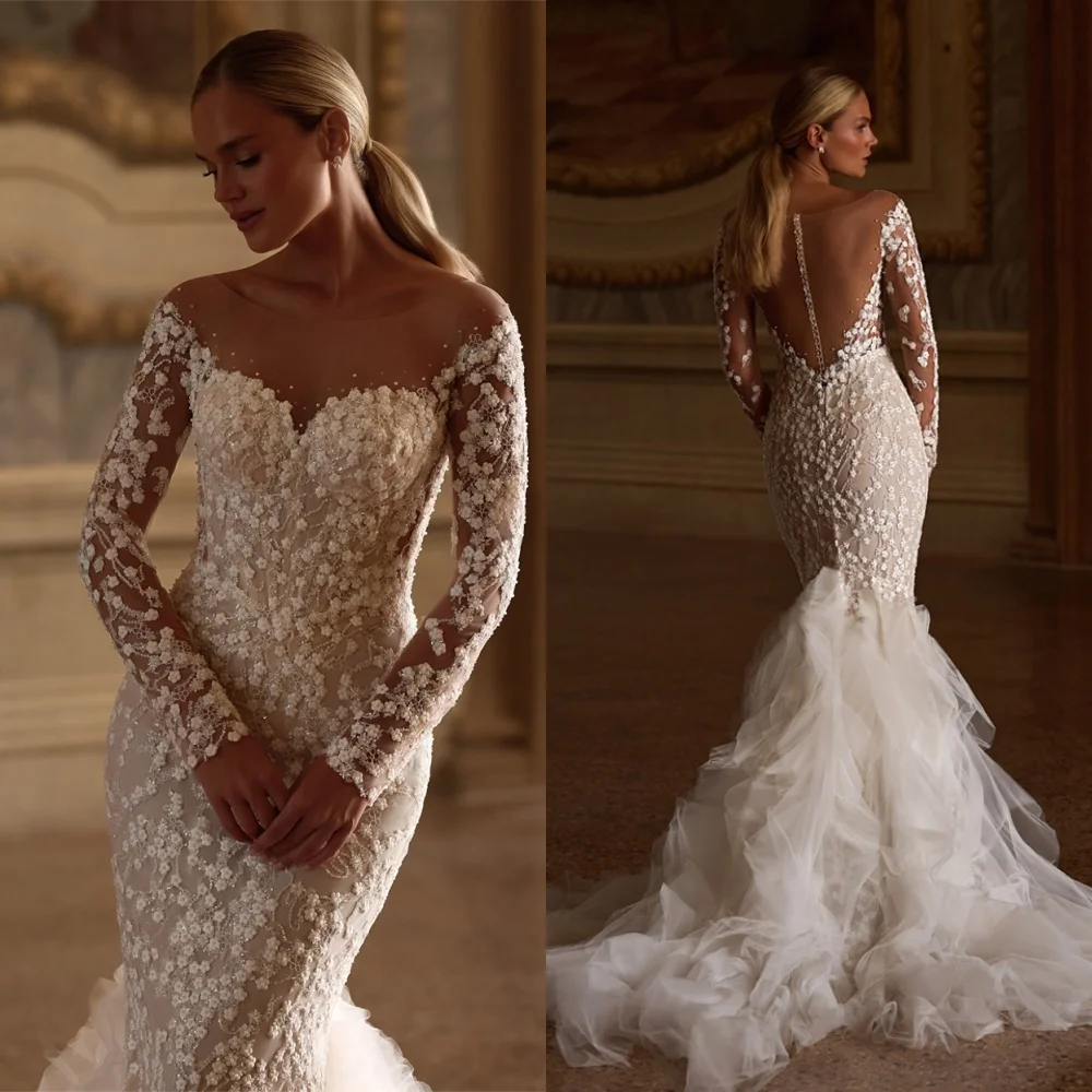 Robe de mariée en Organza blanc délicat, personnalisée, romantique, manches longues, fête de mariée, boutons au dos de haute qualité