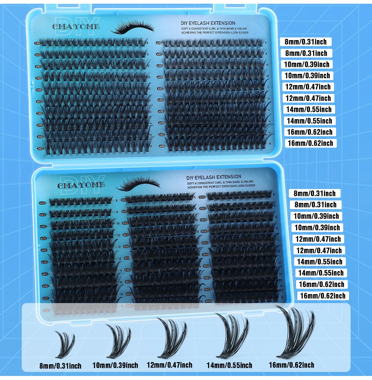 640Pcs Single Cluster Segmented False Eyelash Book Blue Set D‑Curl 30D 40D 60D 80D 100D Natural Density DIY Individual Eyelashes