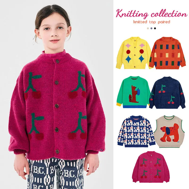 

Children's sweater 2024 aw ins girls cartoon color matching pullover vest cardigan boys single-breasted knitted sweater