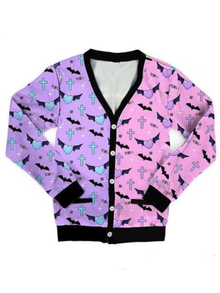 Y2K Gothic Cardigan Kawaii Purple Pink Bat Print Coats with Cross Heart Harajuku Jacket Streetwear for Women & Teens Cosplay