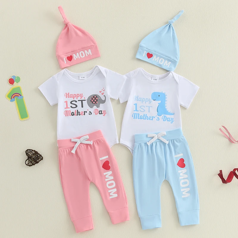 

Наряд на День матери для младенцев, комбинезон с короткими рукавами и динозавром/слоном, длинные штаны с эластичной резинкой на талии и надписью, вязаная шапка, комплект из 3 предметов