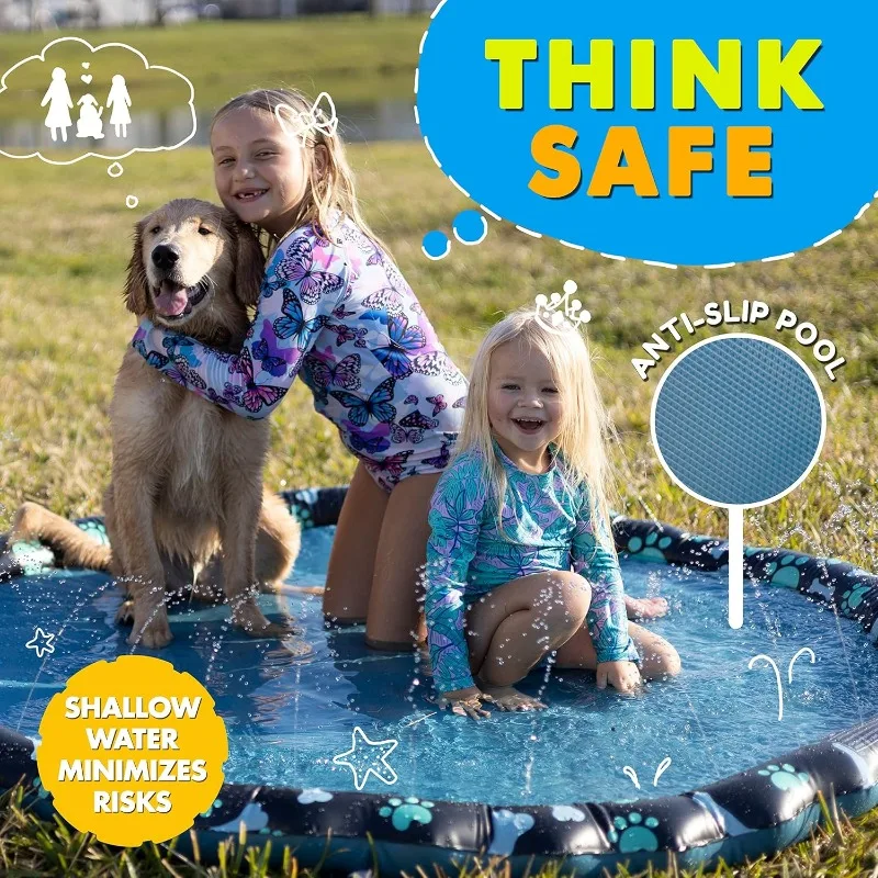 Non Slip Splash Pad for Kids and Dogs, Dog Water Summer Toys – Great Outdoor toys toddlers 1-3 ages 4-8 | Wading Pool Backyard