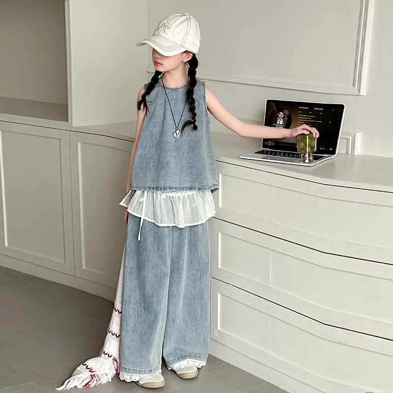 

Children Clothes Girls Summer 2026 Denim Sleeveless Tops and Wide Leg Jeans Suit for 110-170cm 21-51kg 3-15 Years Old