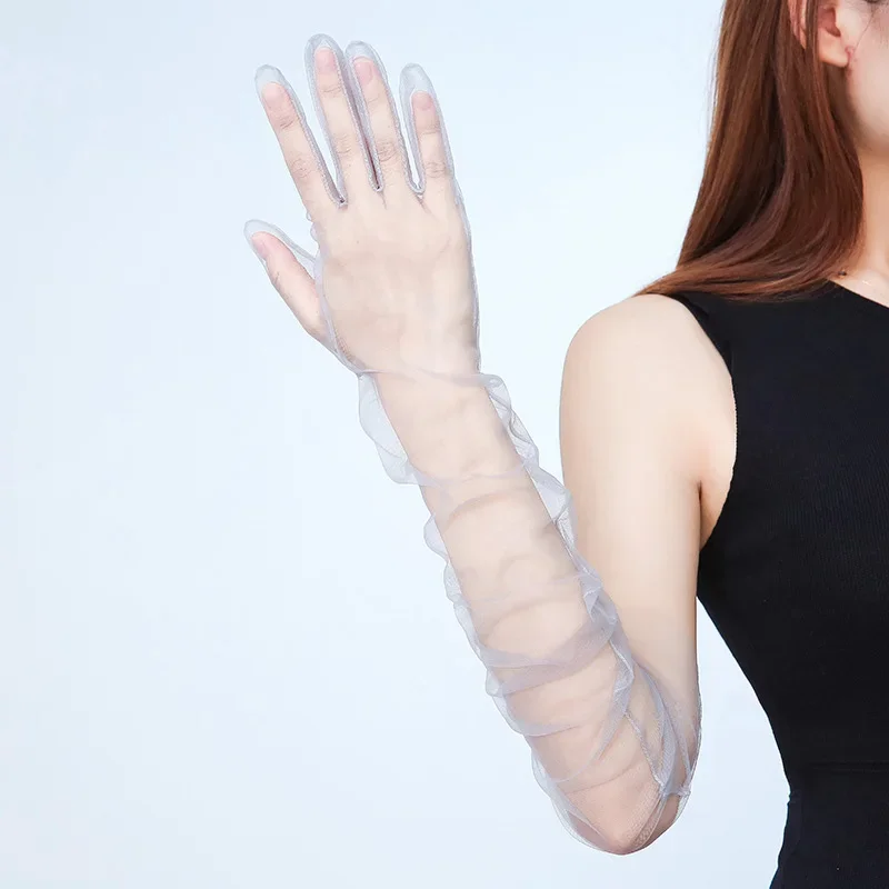 Mode lange transparente Tüll Hochzeits handschuhe ultra dünne dehnbare Voll finger Fäustlinge Mesh Ellbogen Braut Handschuhe Halloween Zubehör