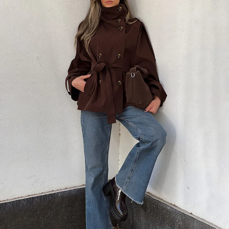 Ticketsx Vintage High Neck Trench Coats Double Breasted Lace Up Patchwork Slim Jacket Women Fall Winter Office Streetwear Trench