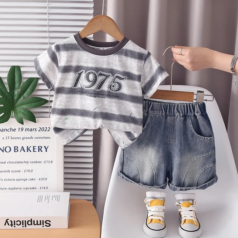 Baby Boy Summer Outffits Kids Clothes 2026 New Children's Casual Striped Digital Print Short Sleeve T-shirts + Denim Shorts Suit