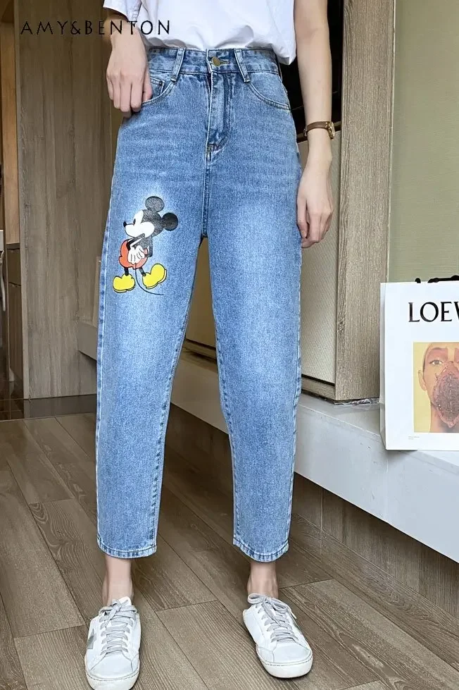 Potdemiel Cartoon Jeans Women's Early Autumn Fashionable Printed Cropped Trousers High Waist Loose Slimming Straight Harem Pants