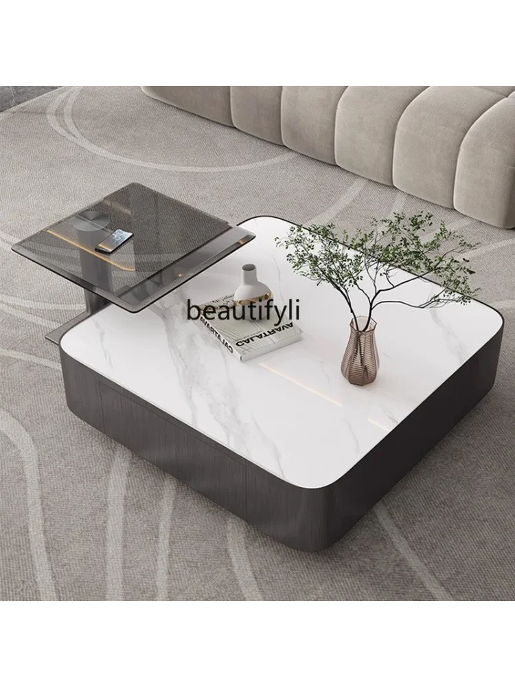 Stainless Steel Wire Drawing Craft Bright Stone Plate Coffee Table Square Size Combined Tea Table