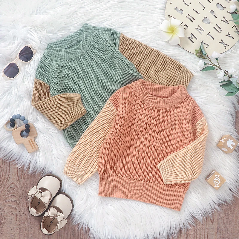 Toddler Baby Boys Girls Autumn Winter Knit Sweaters Long Sleeve Round Neck Contrast Color Knitwears Pullover Tops