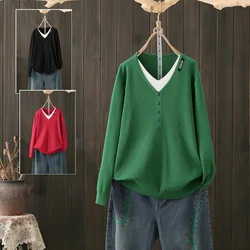가을과 겨울 플러스 사이즈 100.00kg V-neck 스웨터 여성 니트 가짜 두 조각 상단 느슨한 긴 소매 연령-밑바닥 셔츠 내복 감소