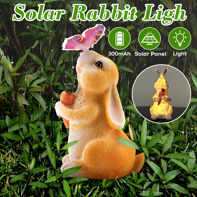 

Resin Easter Bunny Figurine Solar Lights Waterproof Outdoor Garden Decor Animal Figurines Night Light With Butterfly Lawn Yard