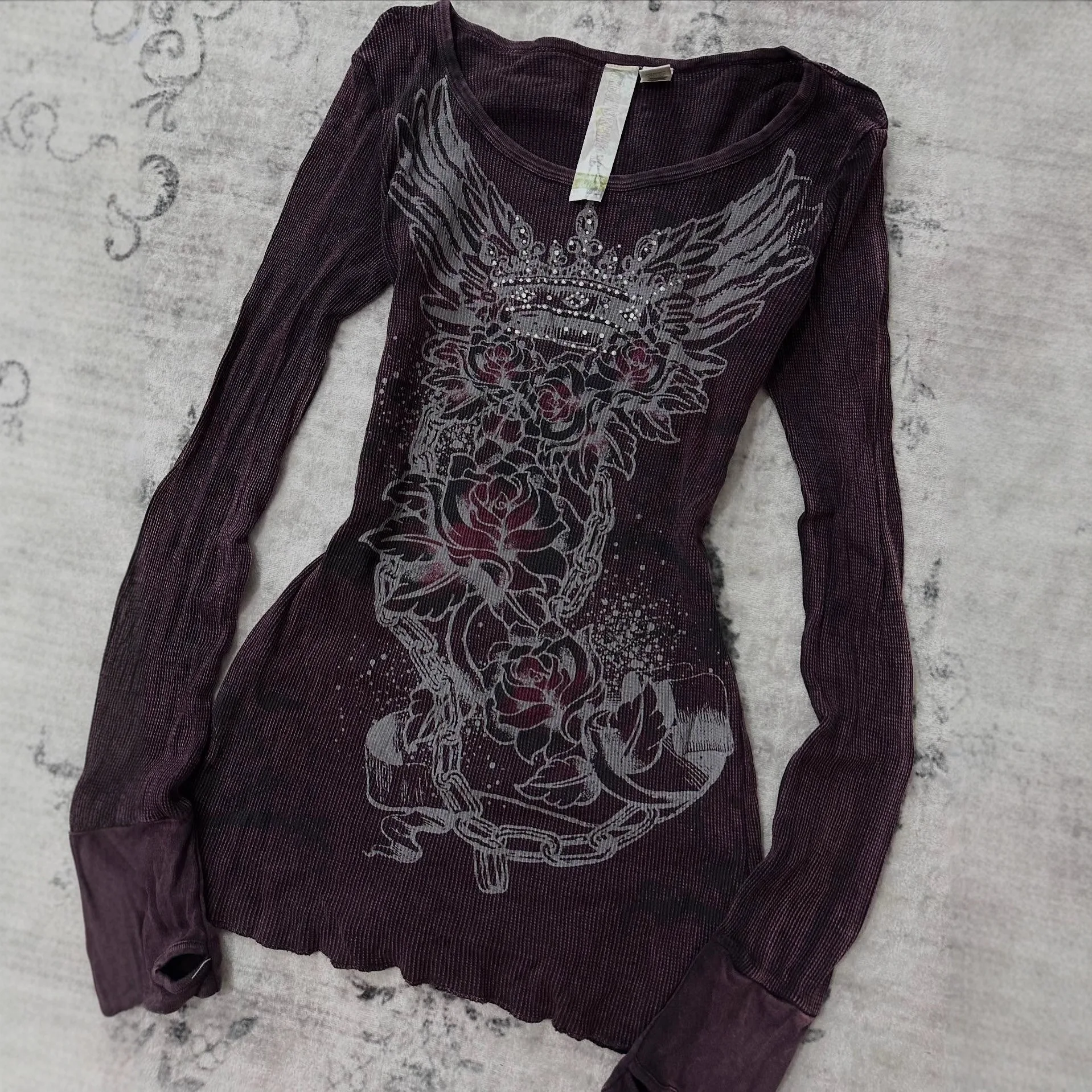 

New American retro 2025 early autumn spicy girl rose flower print round neck long sleeved T-shirt Y2K