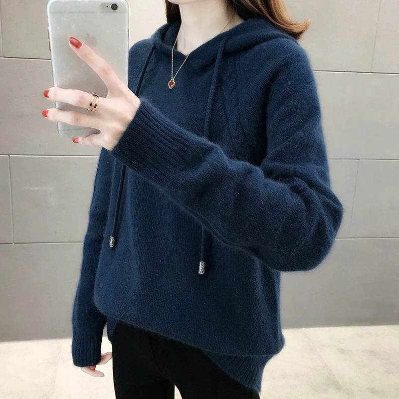 2023 New Autumn Winter Women Casual Streetwear Hooded Sweater Female Long Sleeve Loose Pullover Knitted Hoodies Outewear Jumpers