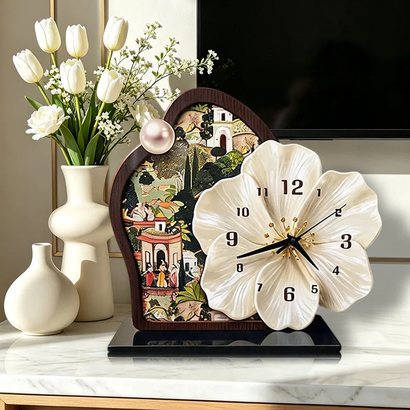 Mid-century style desktop ornament clock, wall-mounted high-end retro clock tabletop painting, creative floral silent wall clock