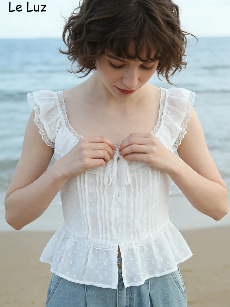 플로럴 시크 크롭 레이스 블라우스 셔츠 여성용 화이트 여름 봄 민소매 타이업 브이넥 섹시 캐주얼 휴가용 여성 셔츠 탑