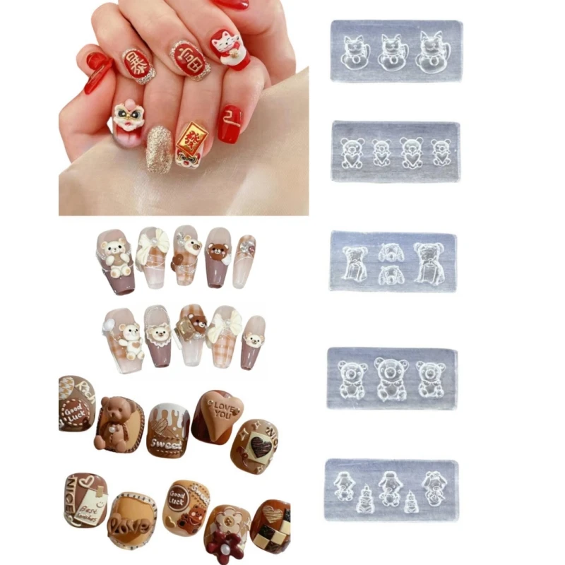 

5Pcs3D Silicone DIY Nail Pressing Mold Reusable Kawaii Bear Sweet Cake Cute Pig Lucky Cat Nail Art Nail Beauty Charm