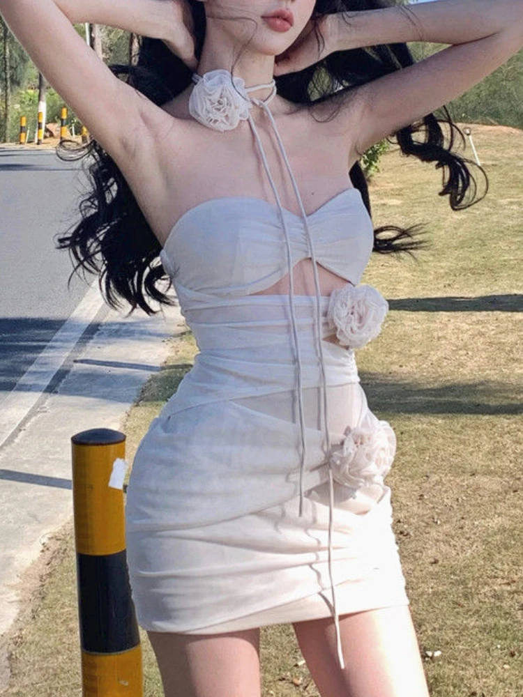 

Летнее цветочное сексуальное элегантное платье, женское французское платье-мини с оборками, женское корейское модное дизайнерское сказочное платье с открытой спиной, 2023