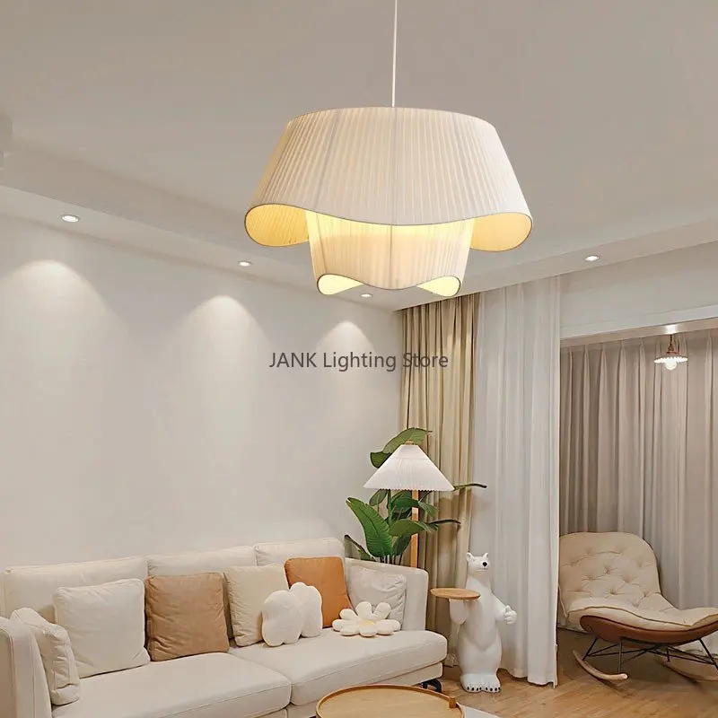 French Classical Cream White Double Pengdant Lamp Living Room Restaurant Kitchen Island Bedroom Atmosphere Fabric LED Lighting