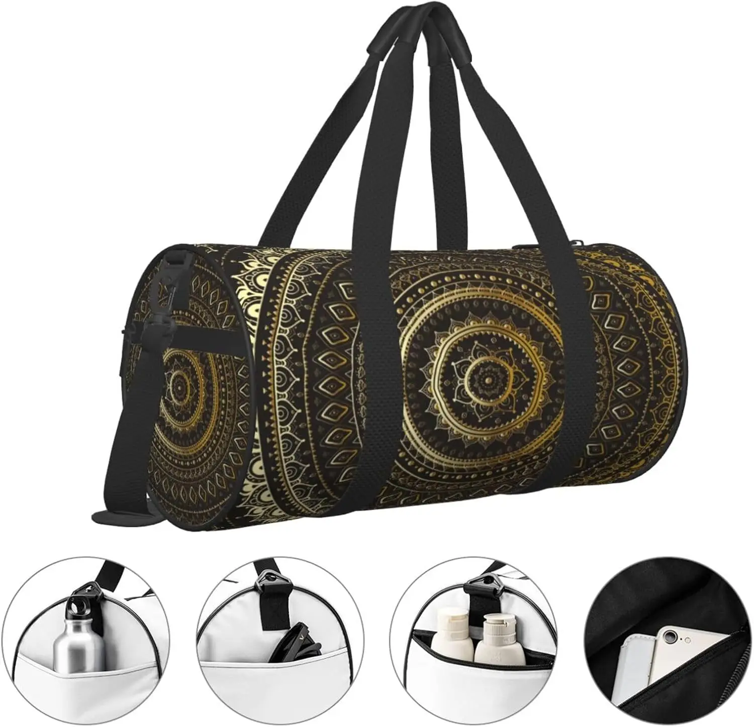 Sport-Sporttasche, Gold, Schwarz, Mandala, ethnisch, orientalisch, Seesack, Fassentasche, Rucksack, leichte Reise-Zylindertaschen für das Schwimmtraining