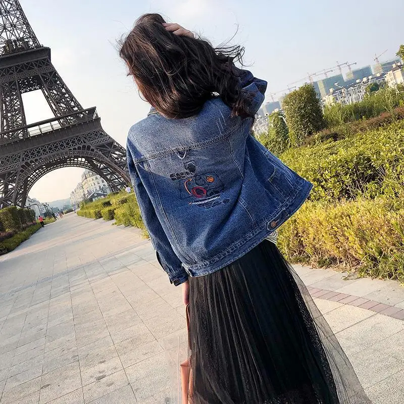 Embroidered Outerwears Graphic Female Jeans Coat Spring Autumn Blue Women's Denim Jackets with Print in Promotion 2024 Fashion