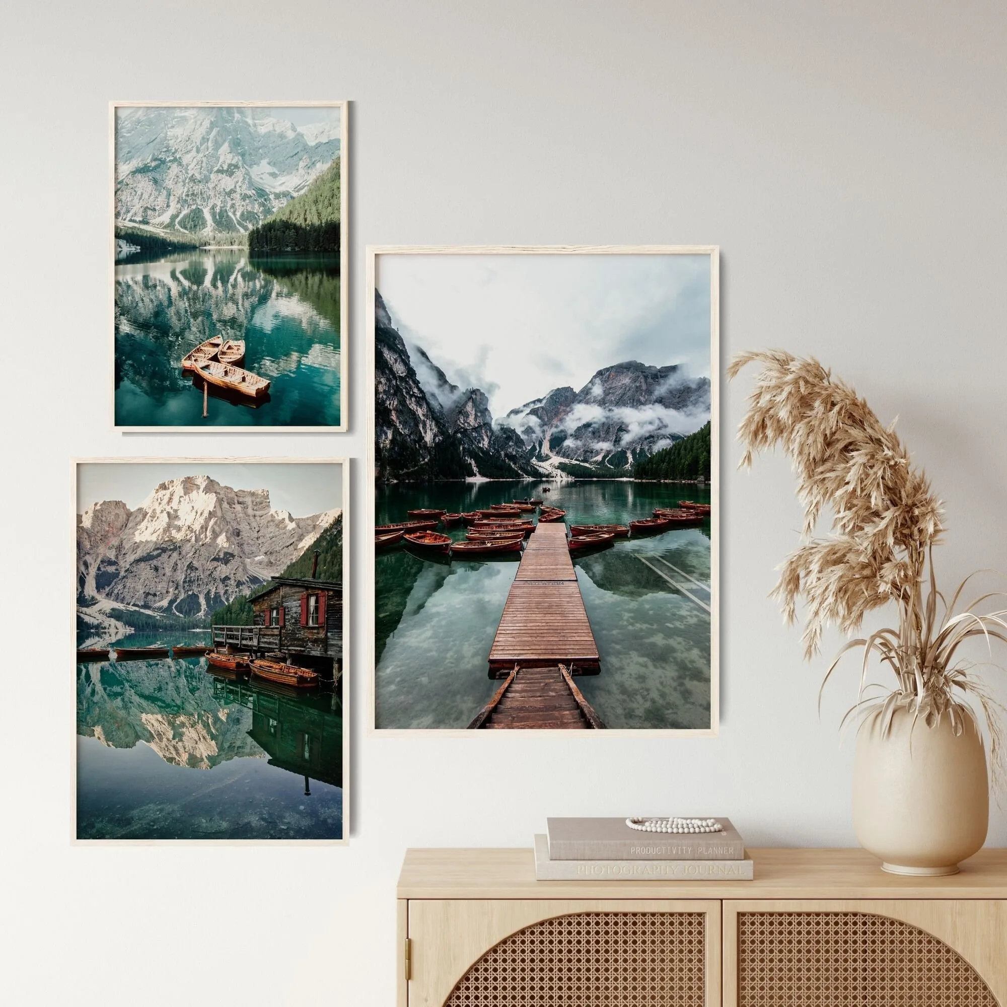 Mountain Lake Landscape Set of 3 Prints, Canoe Printable Art, Nature Nordic Photography, Dolomites Mountain Cabin Large Wall Art