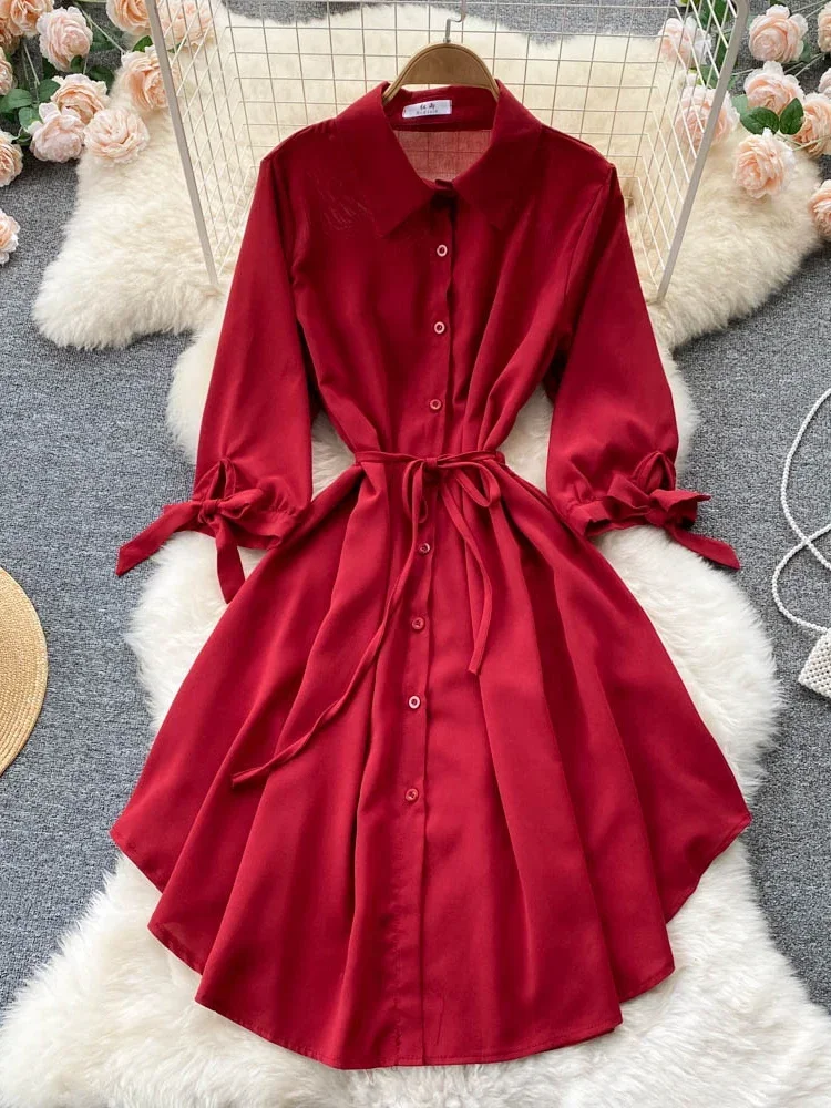 Women Spring Summer Vestidos Hot Korean Style Single-breasted Waist Slim Mid-length Fashion High-waist A-line Dress Female D0808