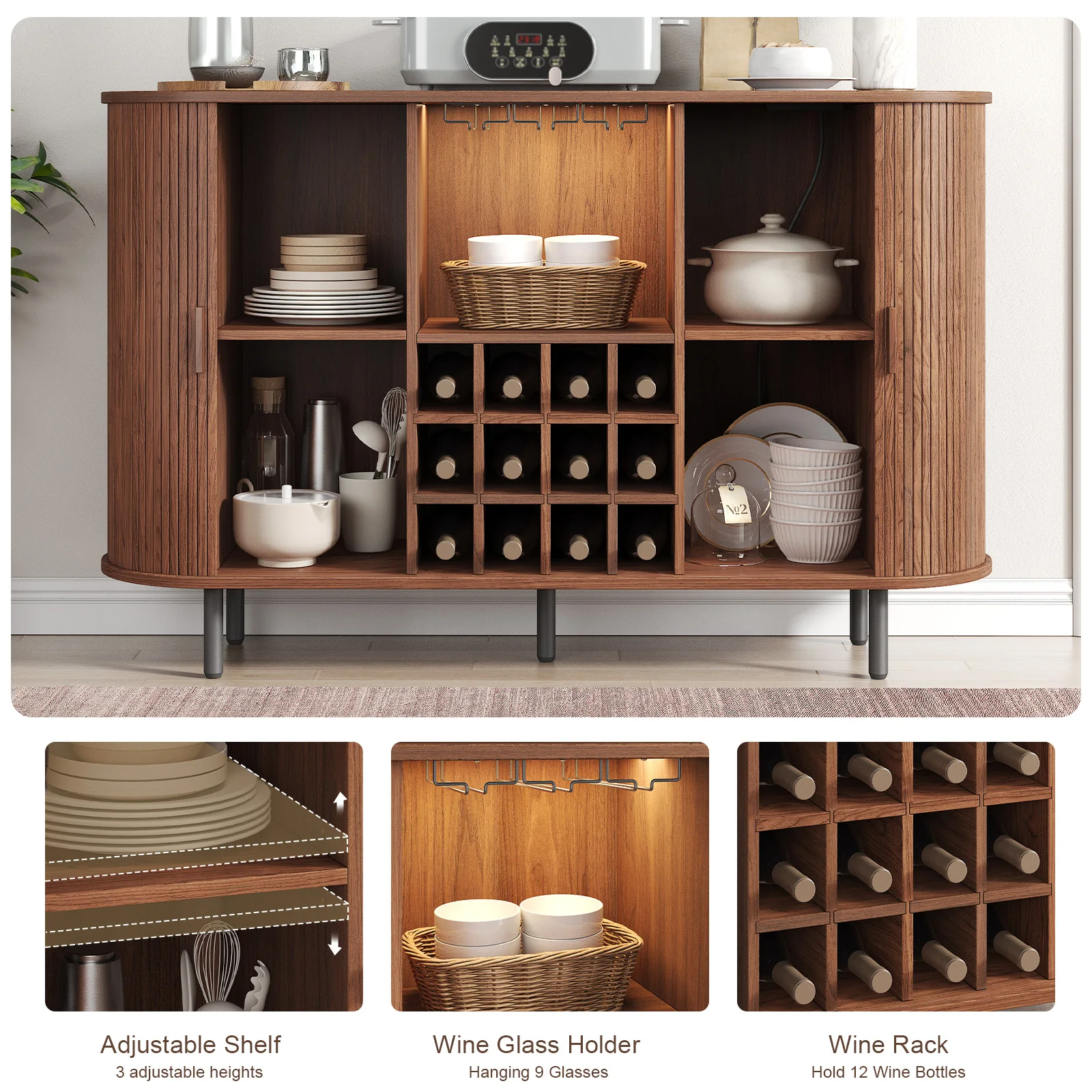 خزانة بار النبيذ مع ضوء LED، خزانة مشروبات للمنزل، خزانة بار القهوة مع رف النبيذ وحامل الزجاج، خزانة جانبية لبوفيه الجوز #3