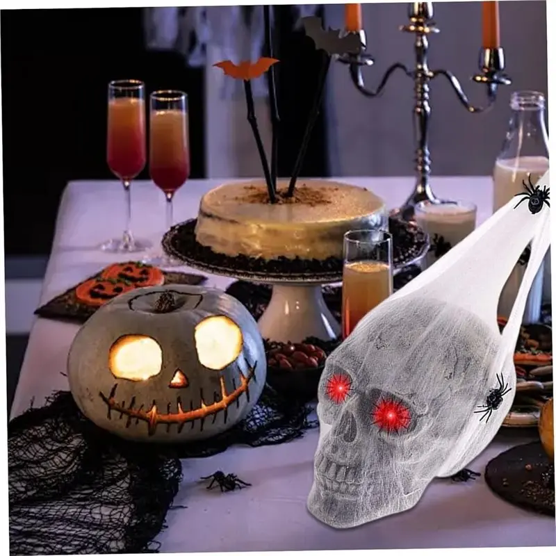 ABNL Halloween Decorations Animatronics Skull Head With Light Up Eyes, Cobwebs And Spiders Scary Horror For Haunted House Party view 2