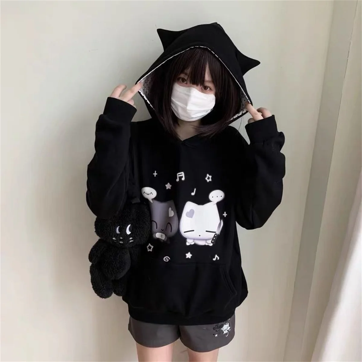 Ropa Mujer Japanese Cute Hoodies Coats Cute Cat Print Hooded Sweatshirts Y2K Tops Women Clothing Casual Zipper Loose Hoodie