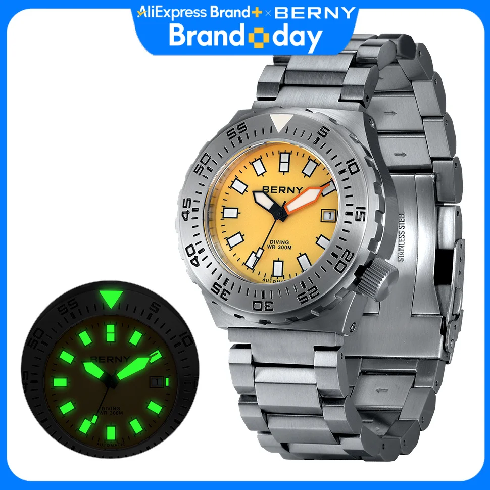 BERNY Automatic 30ATM Diver Men Watch Mechanical Wristwatches Waterproof Male Top Super Luminous Sapphire Sport Diving Watches
