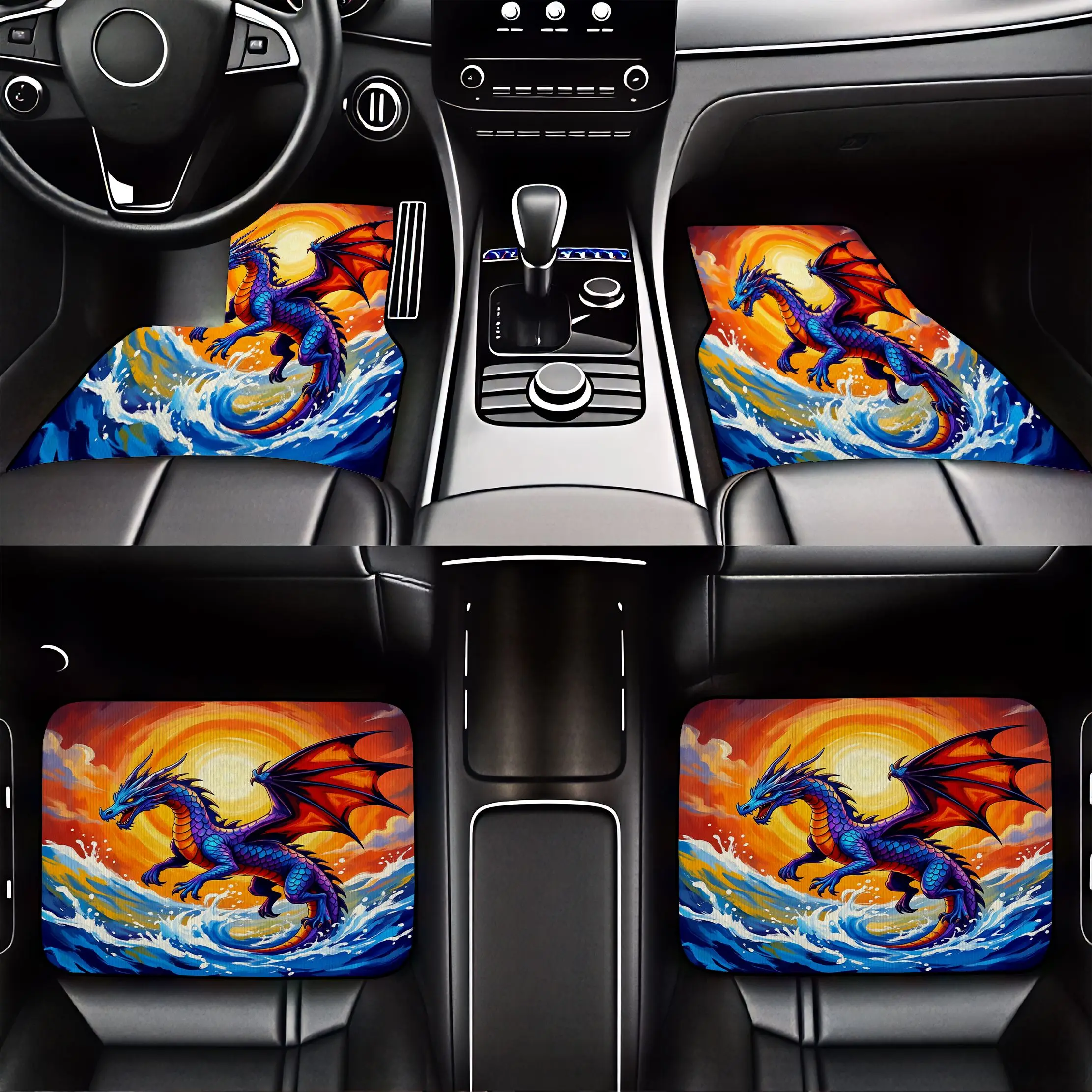 4pcs Dragon Flying Over Ocean Waves Pattern Crystal Velvet Car Floor Mats - Dust Resistant Durable Fantasy Style Suitable For Se