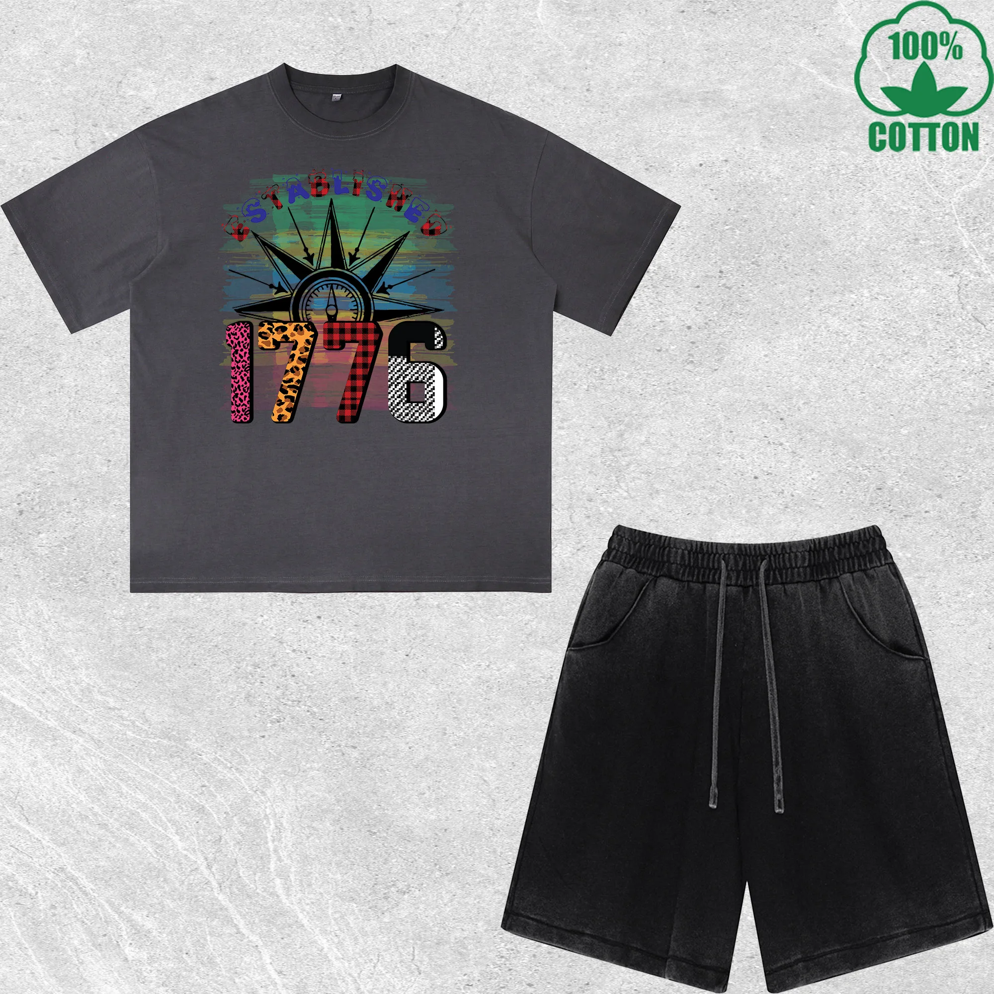 

Established 1776 Printed Dirty Wash T-Shirt Shorts Set Multicolor Combo Loose Trendy 100%Cotton