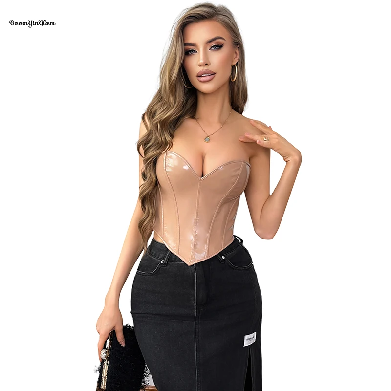 Zip Up Waist Training Corsets 12 Elastic Bones Pvc Leather Corset Top For Women Plus Size Khaki Gothic Corselet