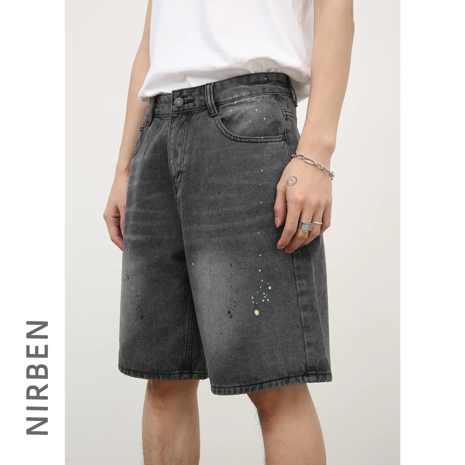 Denim American Splash Ink Paint Point Denim Shorts Men's High Street Loose Straight Five-point Medium Pants