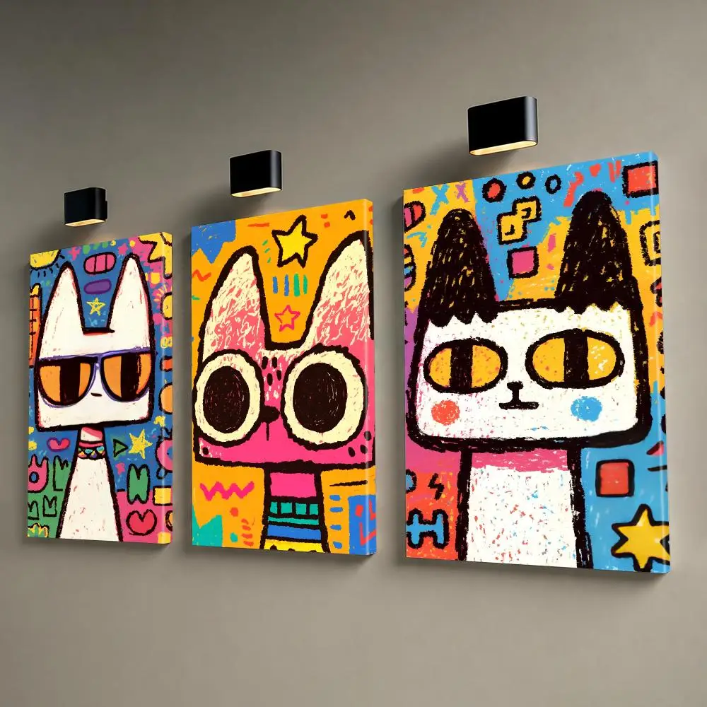 Funny Graffiti Cat Framed Wall Painting Ready to Hang Canvas Wall Art Poster for Bedroom Living Room Home Decor Gift
