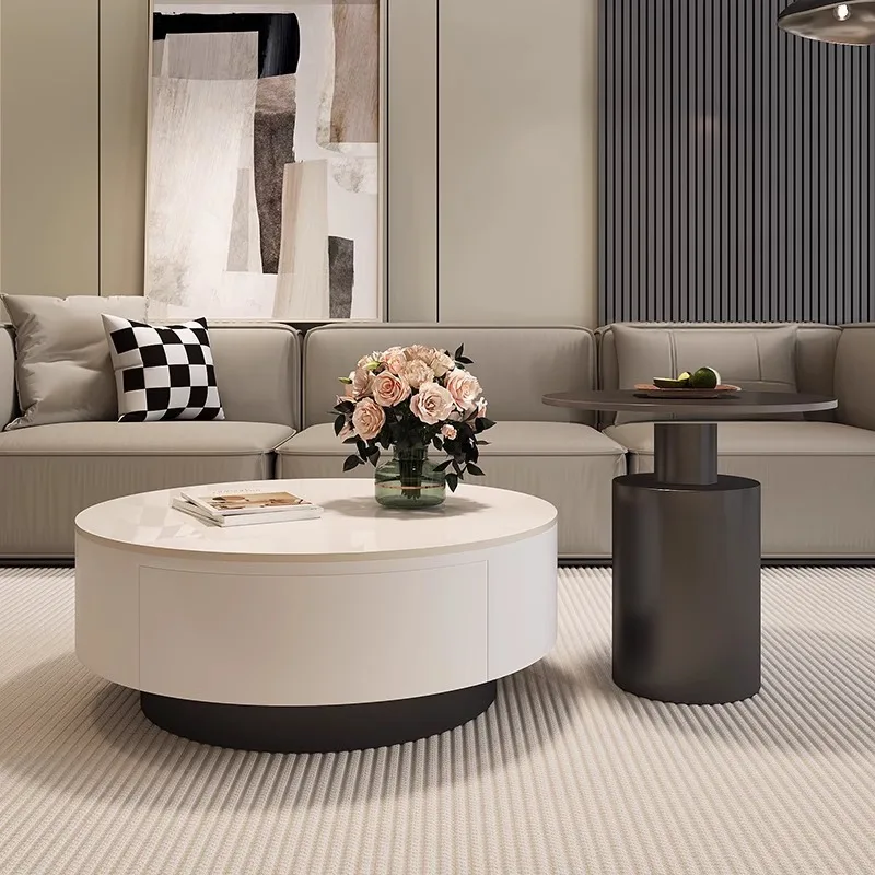 Modern Round Sintered Stone Coffee Table Set Black White French Luxury Minimalist Small Apartment Living Room Side Table