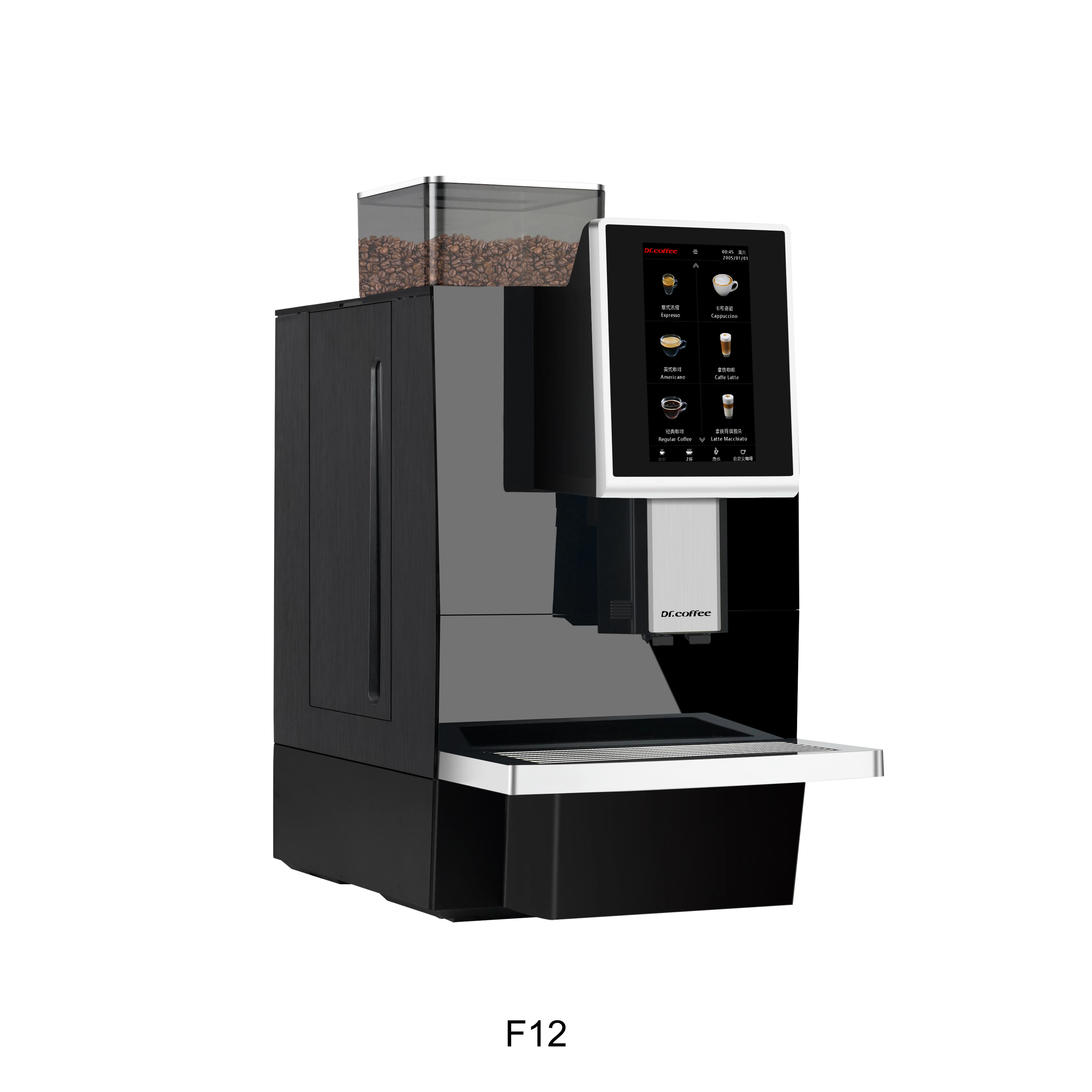 Mesin Espresso Otomatis Penuh Layar Sentuh Hitam Dengan Penggiling dan Pembersihan Otomatis