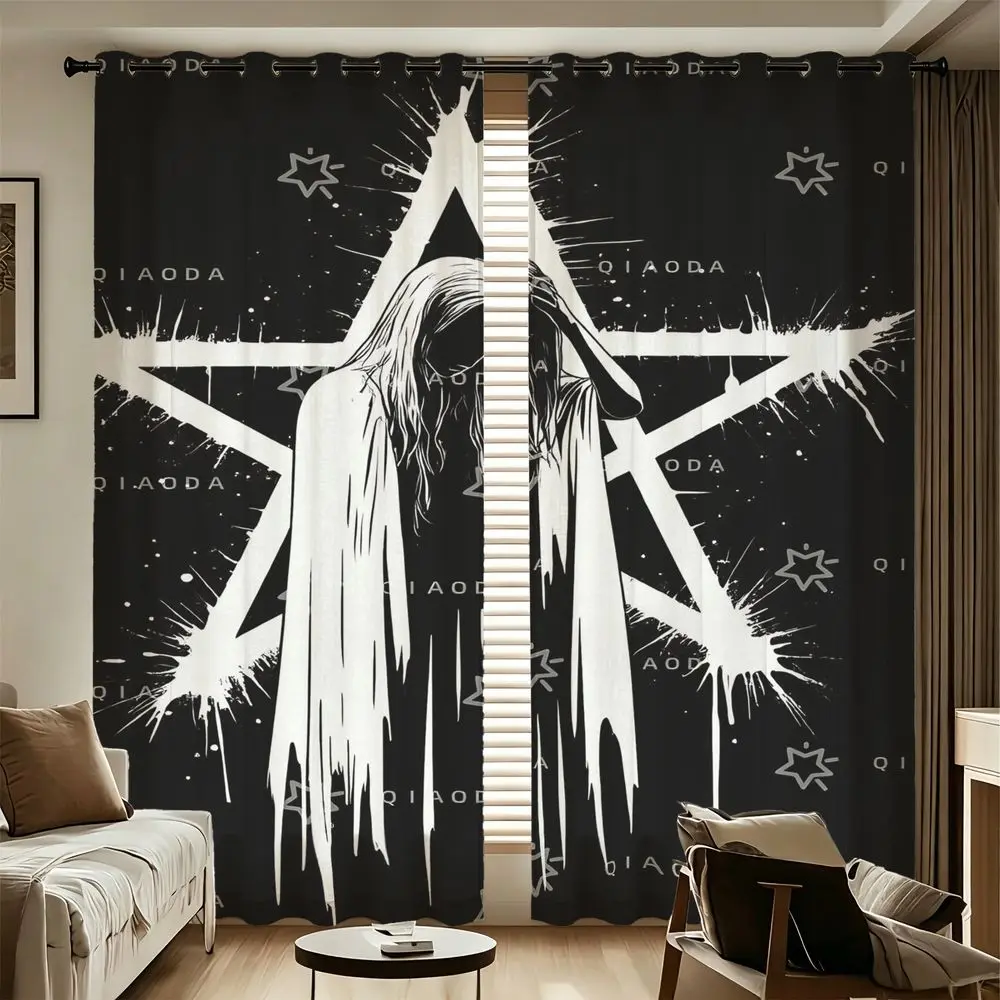 2 Panels Gothic Pentagram Printed Curtains Black White Horror Style Window Drapes 85% Blackout Curtains for Bedroom Home Decor