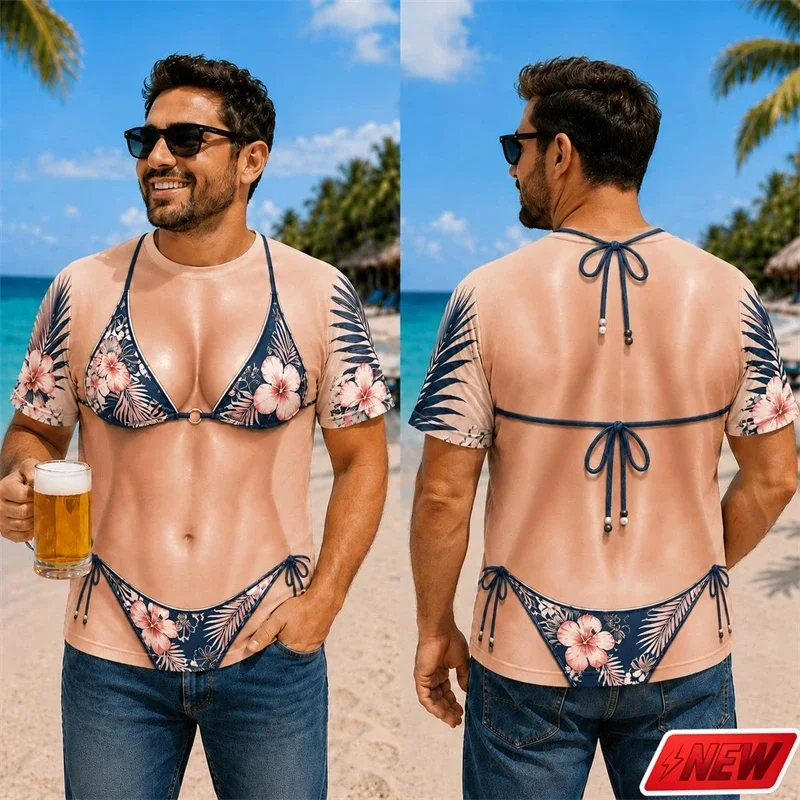 Summer 2026 Short sleeved Imitation Bikini Illusion T-shirt, Funny Beach T-shirt, Personalized Birthday Gift, Fashion Trend