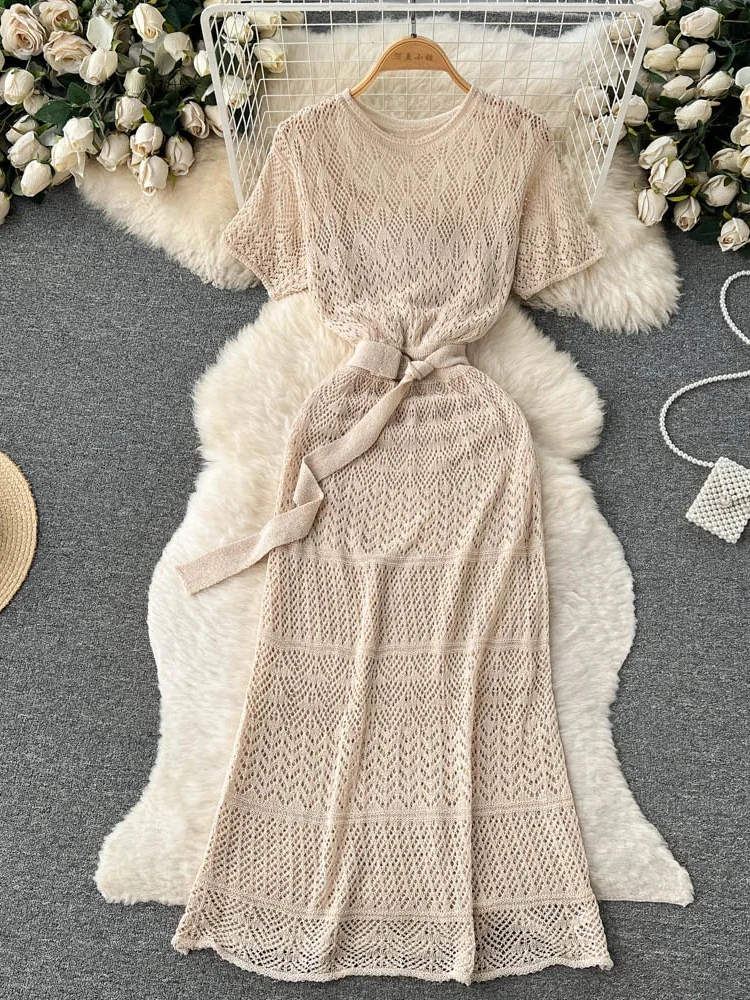 Summer Elegant Long Dress Women Vintage Chic Hollow Out Knitted Dresses Ladies Short Sleeve Korean Casual Long Robe Vestidos