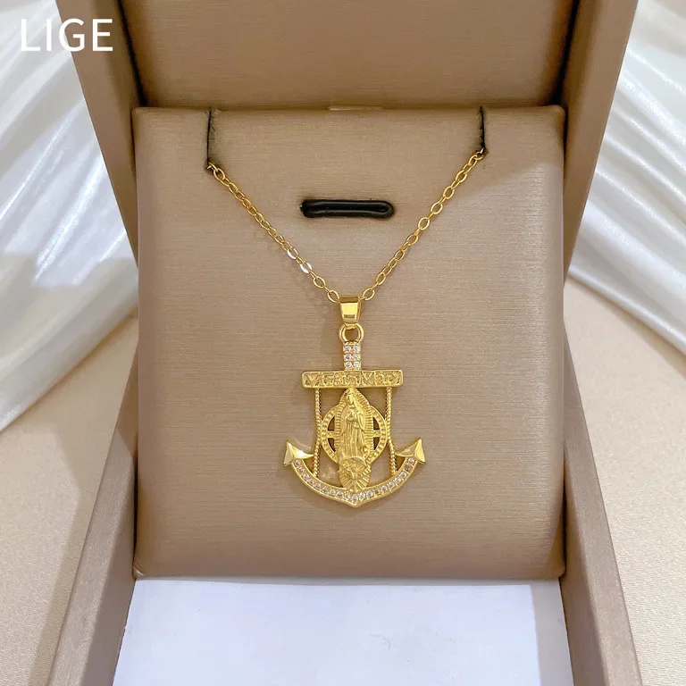Luxury Full Zircon Goddess Portrait Anchor Pendant Necklace Female Versatile Clavicle Chain Titanium Steel