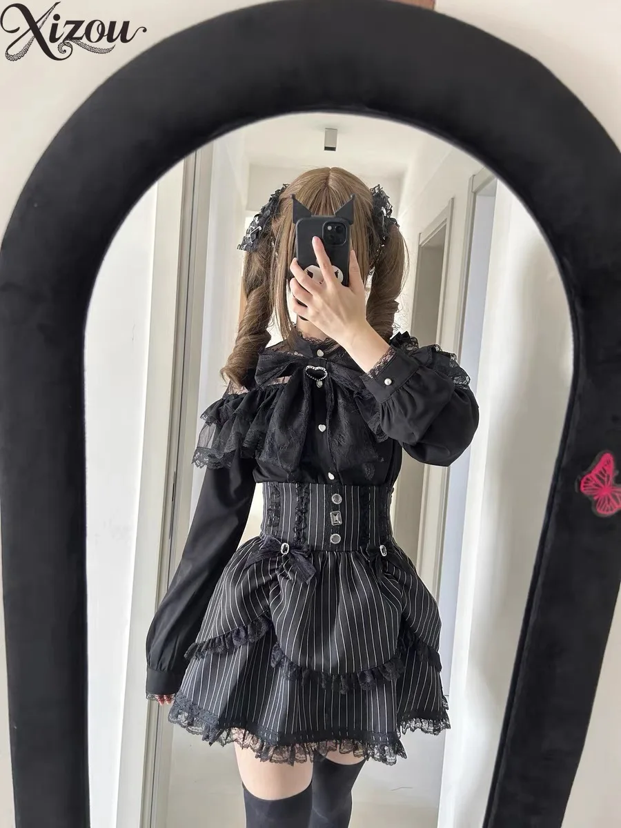 

Japanese Kawaii Lolita Lace Patchwork Blouses Summer Women Harajuku Single Breasted Sweet Shirts Summer Girly JK Bow Tops Blusas