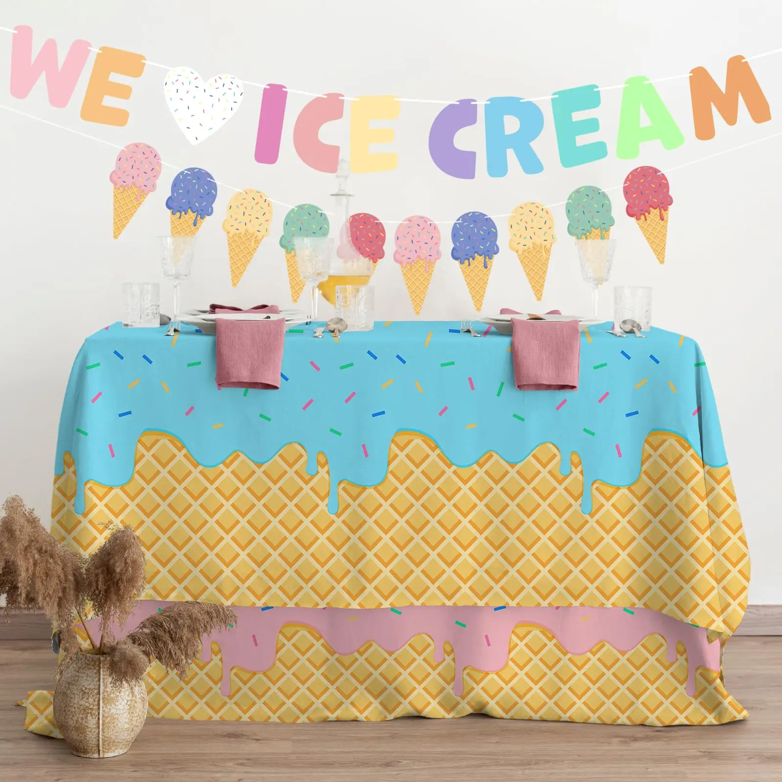 Ice Cream Party Supplies Ice Cream Birthday Party Decorations Disposable Plastic Tablecloth, Ideal Table Cover for Birthday