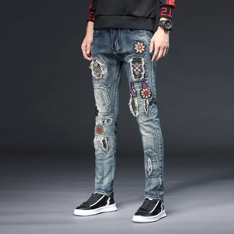 

European and American ripped embroidered jeans Men's retro nostalgic slim stretch feet personalized patch embroidered trousers